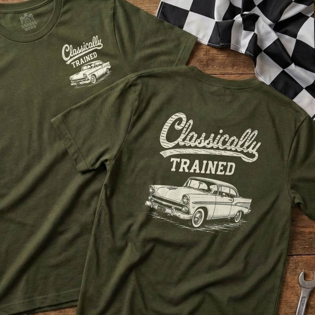 Olive t-shirts with "Classically Trained" text and vintage car illustration.