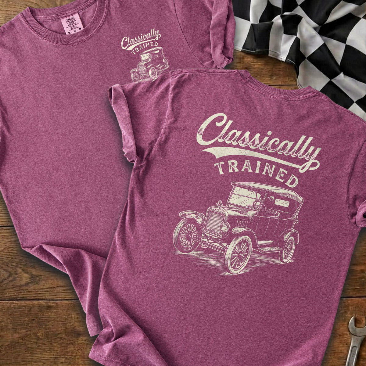 T-shirt front and back with "Classically Trained" text and vintage car graphic.