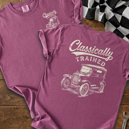 T-shirt front and back with "Classically Trained" text and vintage car graphic.