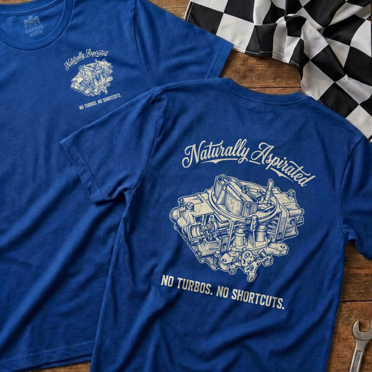 Blue t-shirt with "Naturally Aspirated" text and carburetor graphic.
