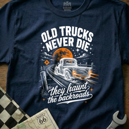 Old trucks never die text with a vintage truck on a backroad under a moon.