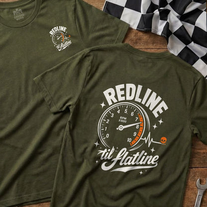 Green t-shirt with "REDLINE til flatline" and speedometer graphic.