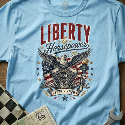 Light blue t-shirt with "Liberty & Horsepower," eagle, engine, and USA flag graphic.