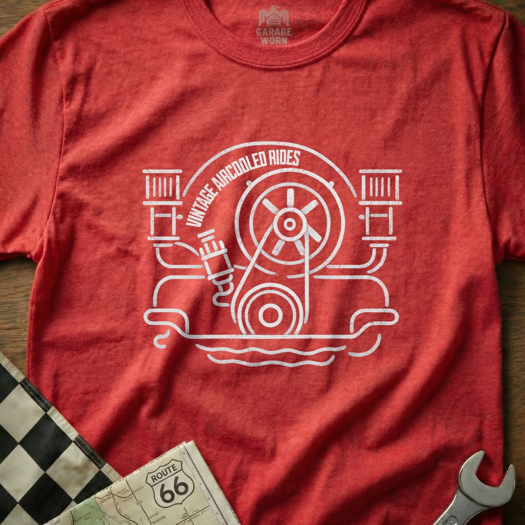 Red t-shirt with white vintage air-cooled engine graphic and text.