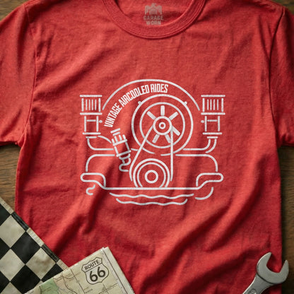 Red t-shirt with white vintage air-cooled engine graphic and text.