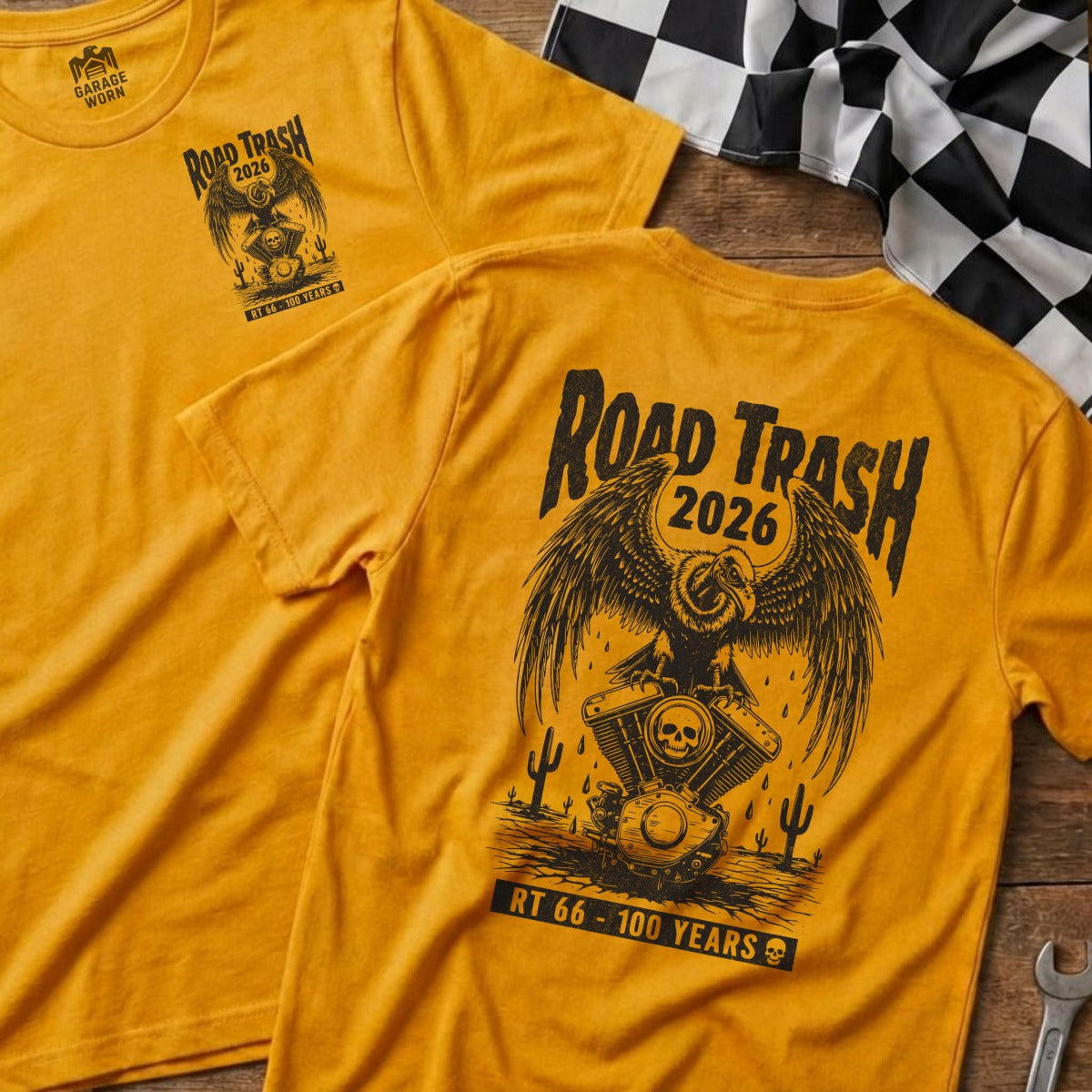 Yellow t-shirts with "Road Trash 2026" and a vulture with a motorcycle engine.