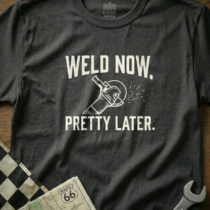 T-shirt with "Weld Now, Pretty Later" text and grinder graphic.
