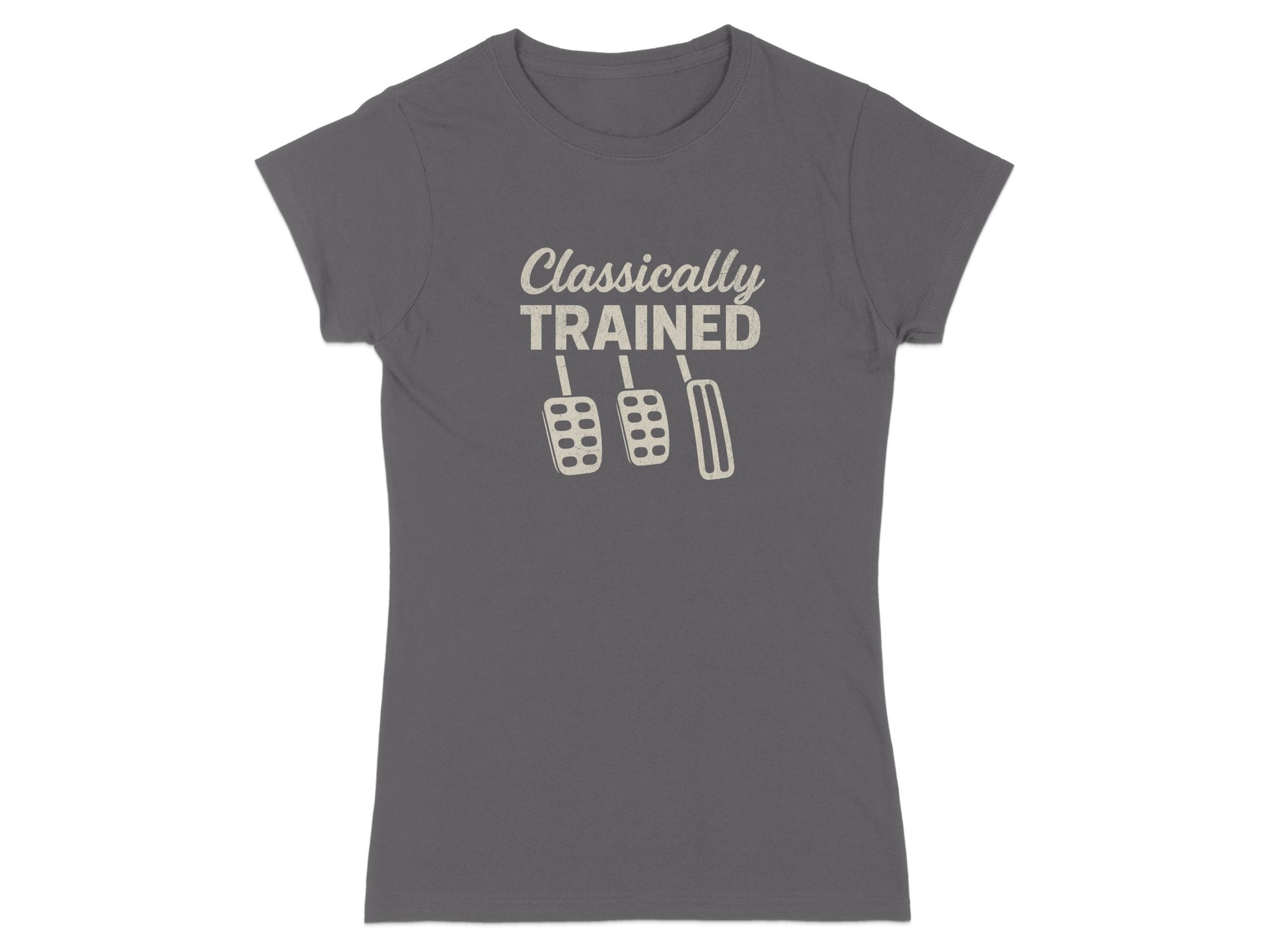 Gray t-shirt with "Classically Trained" text and car pedals graphic.