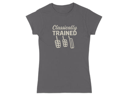 Gray t-shirt with "Classically Trained" text and car pedals graphic.
