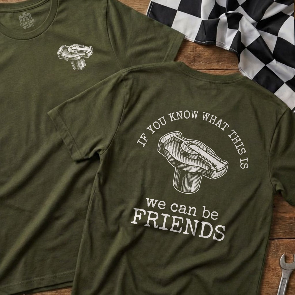 Green t-shirts with a cap emblem and "If you know what this is we can be friends" text.