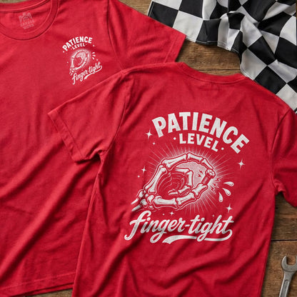 Red t-shirt with graphic of skeleton hand tightening bolt, text "Patience Level Finger-tight".
