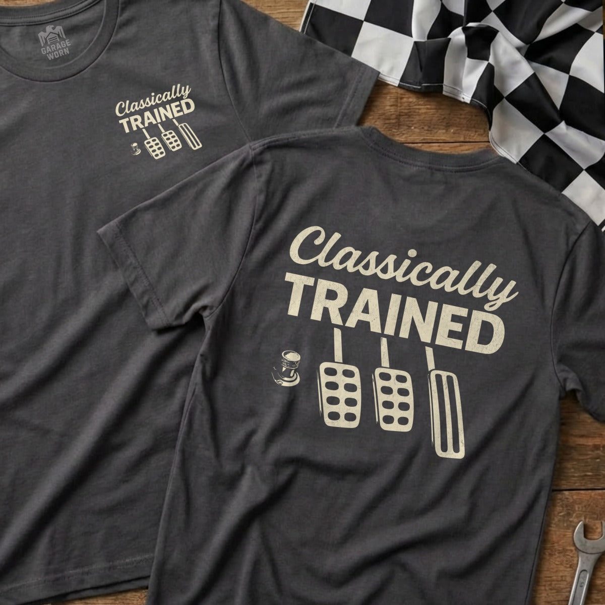 Dark t-shirts with "Classically Trained" text and pedal graphic.