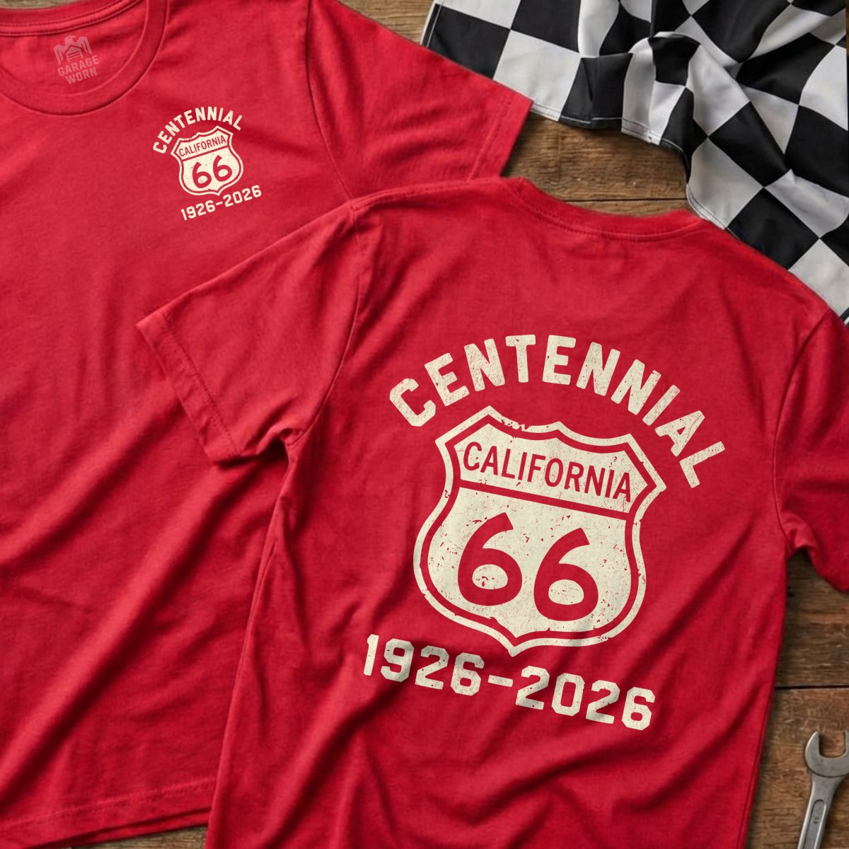 Red t-shirts with "Centennial California 66" and dates on the back.