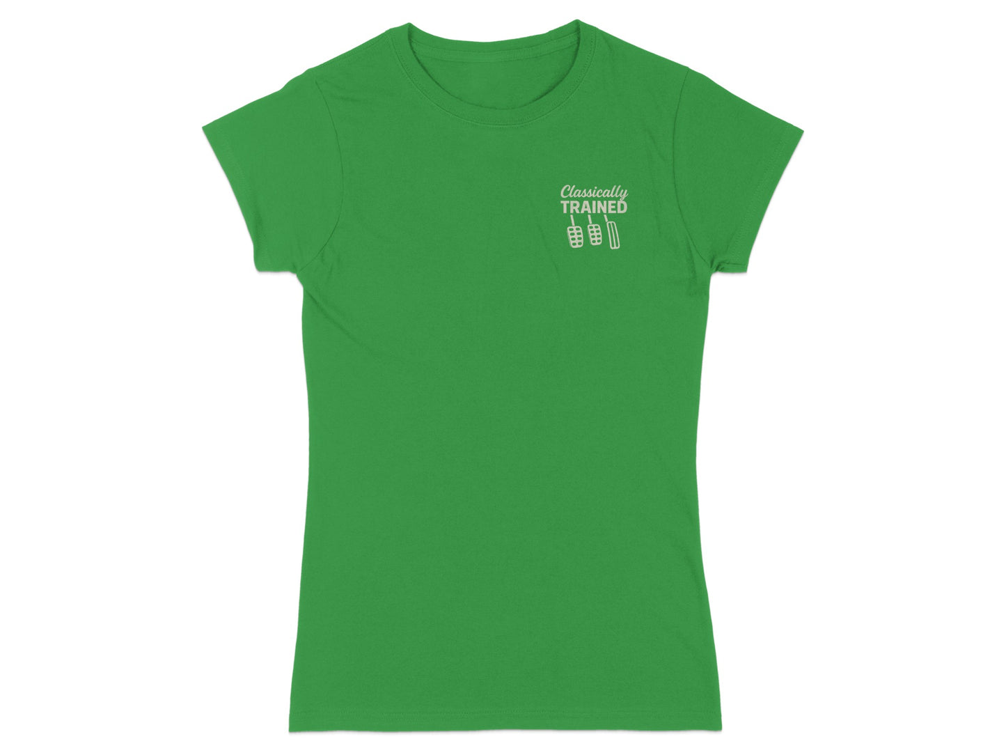 Green t-shirt with "Classically Trained" text and barbell graphic.