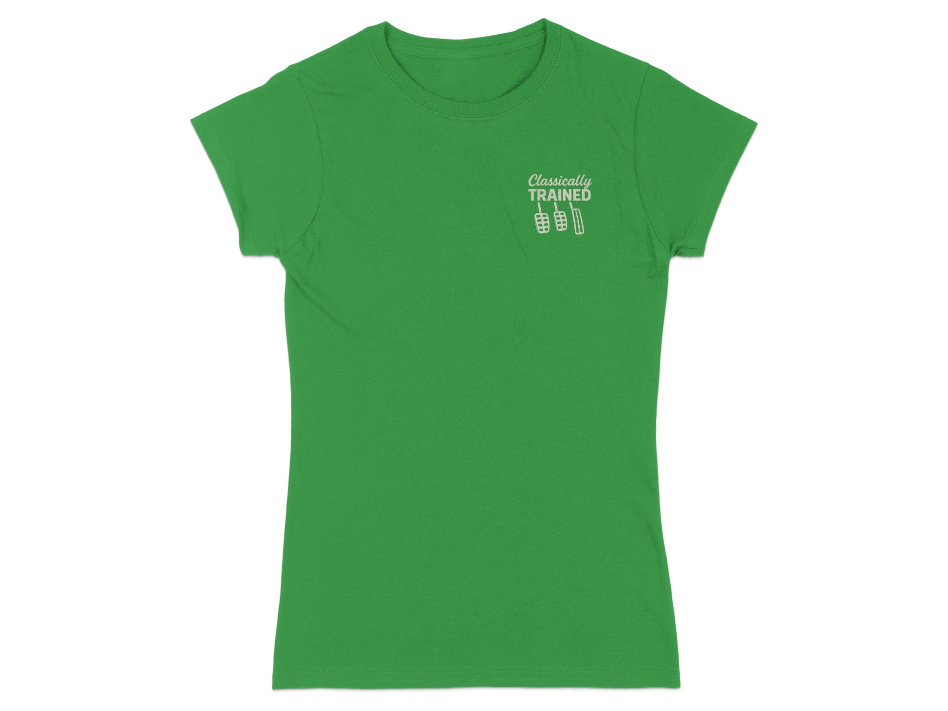 Green t-shirt with "Classically Trained" text and barbell graphic.