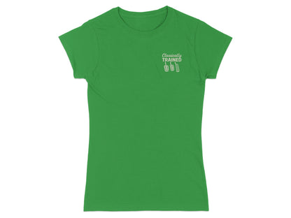 Green t-shirt with "Classically Trained" text and barbell graphic.