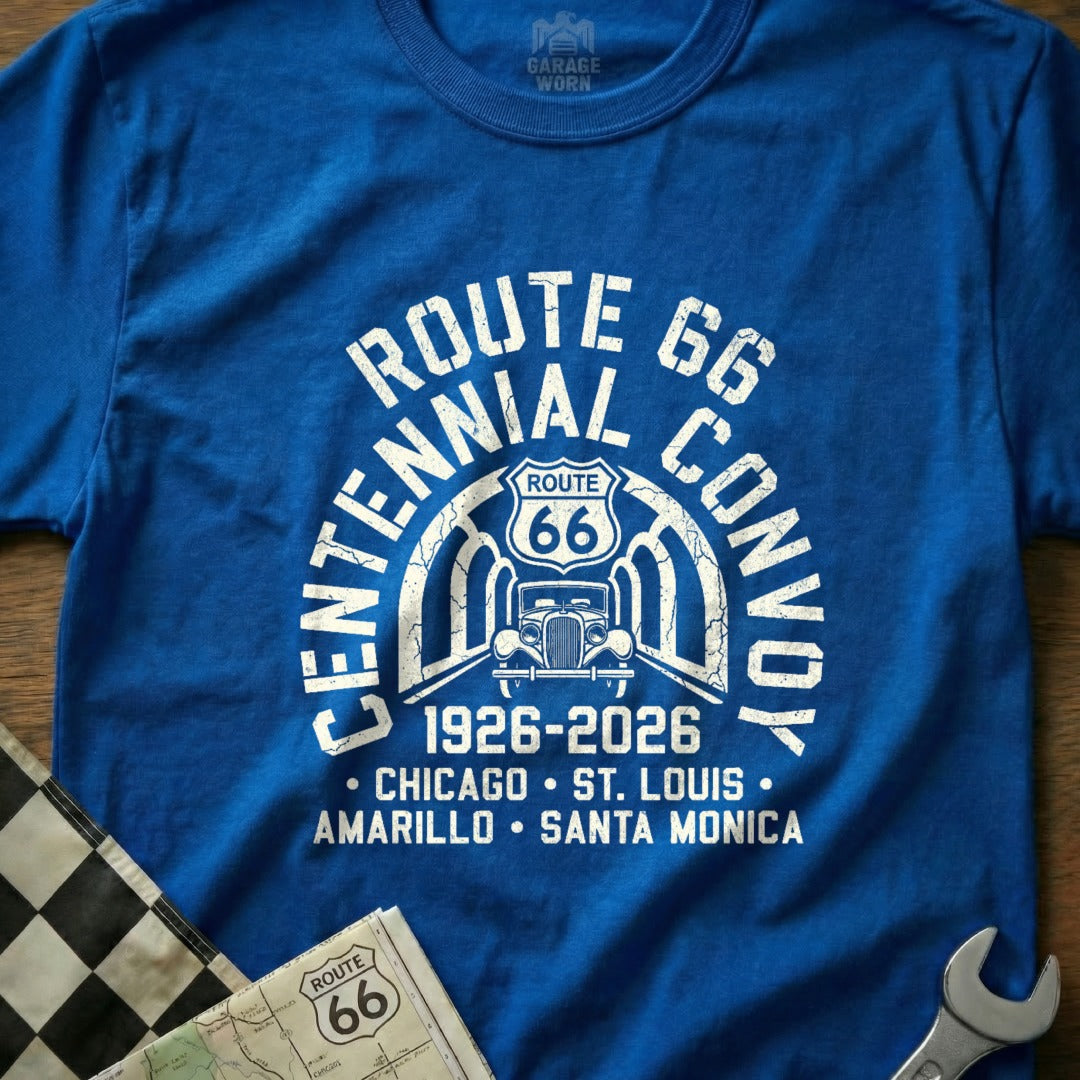 Centennial Route 66 Convoy t-shirt with 1926-2026 dates and city names.
