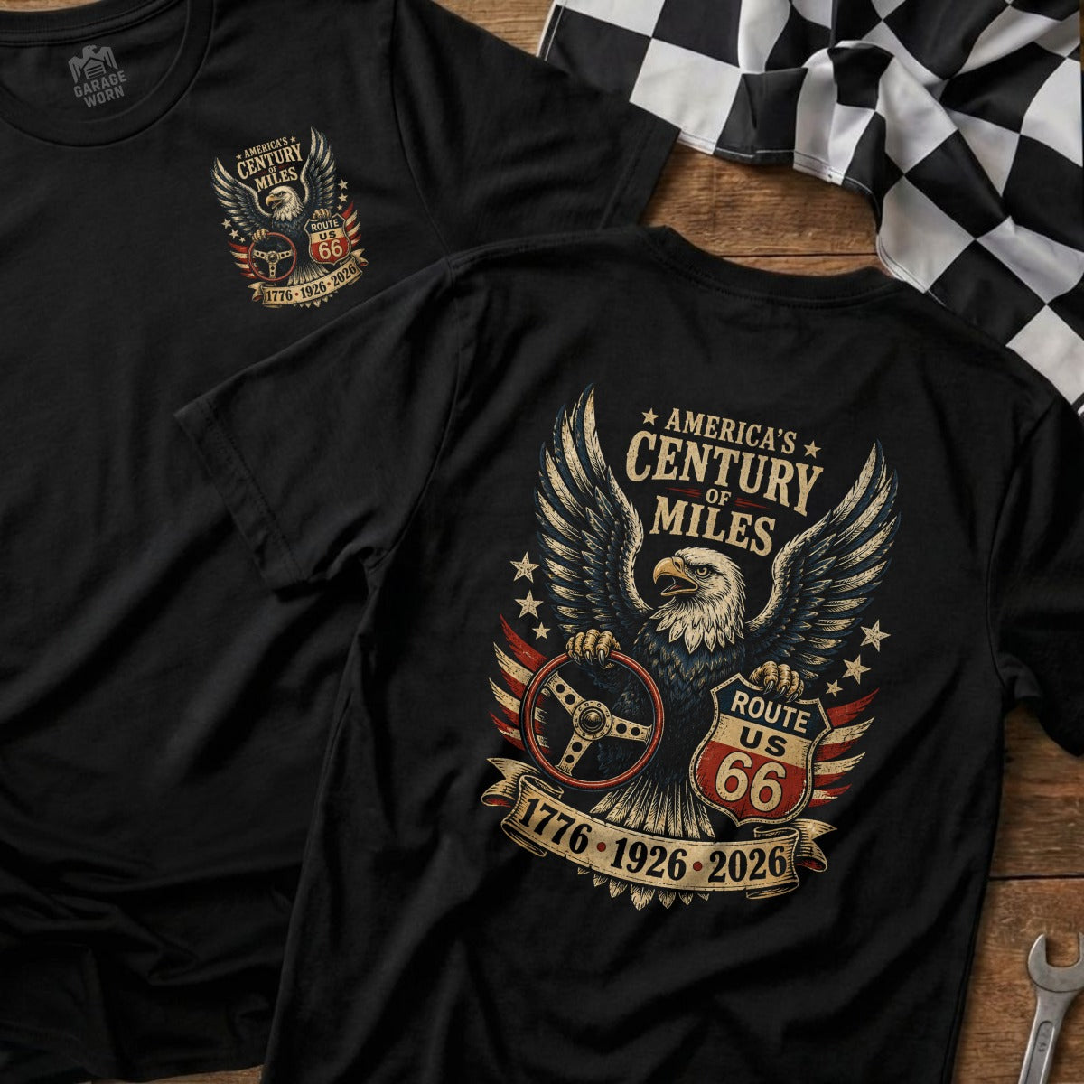 Black t-shirt with eagle, steering wheel, and Route 66 graphic.
