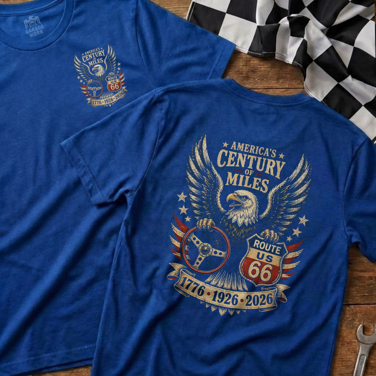 Blue t-shirt with eagle, Route 66, and patriotic text.