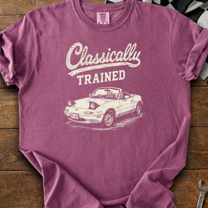 Maroon t-shirt with "Classically TRAINED" text and classic convertible car illustration.