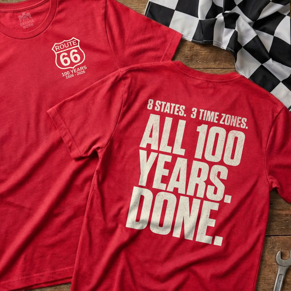 Red t-shirt with Route 66 logo and "100 Years Done" text.