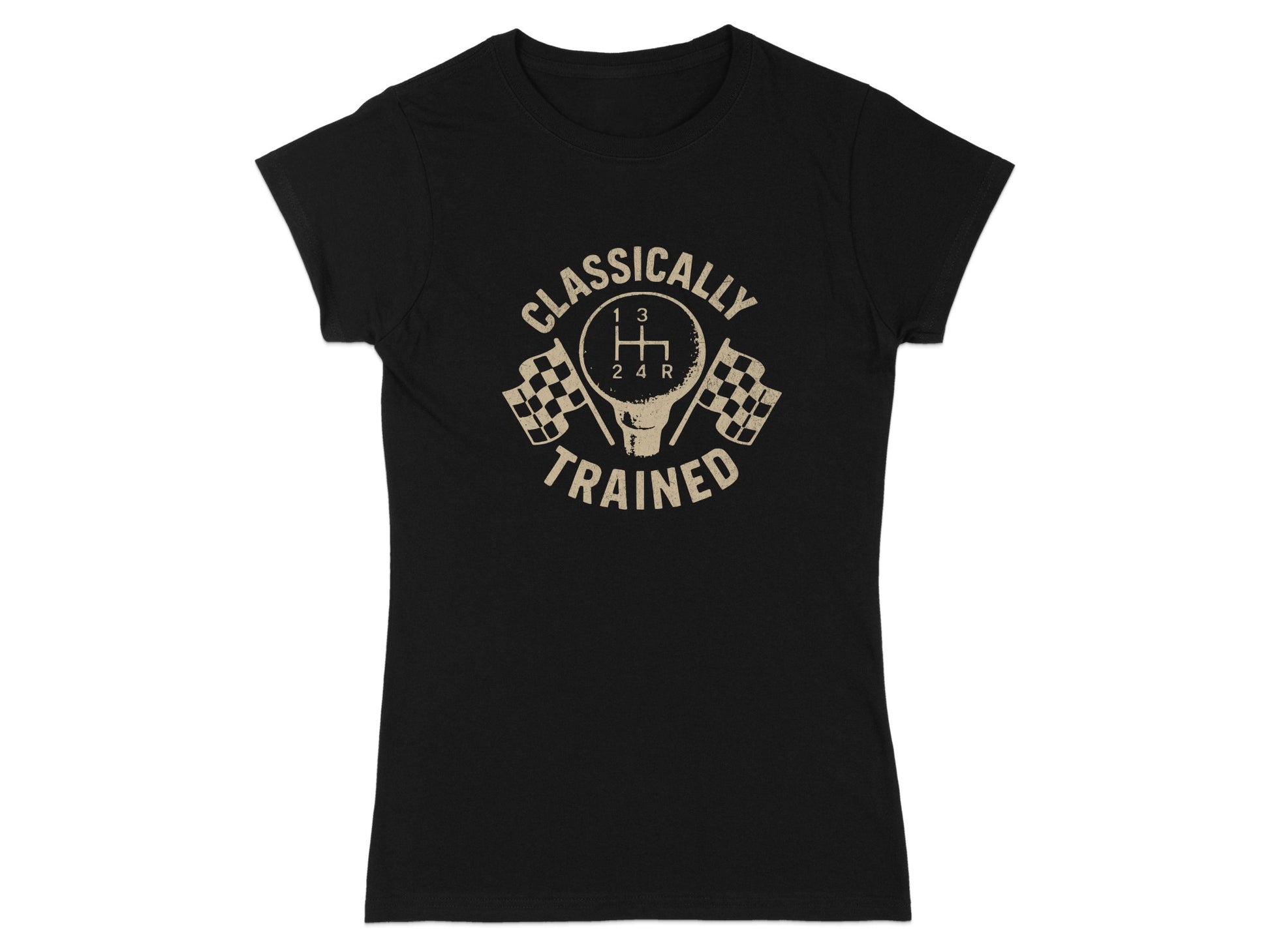 Black t-shirt with "CLASSICALLY TRAINED" and a gear shift with checkered flags.
