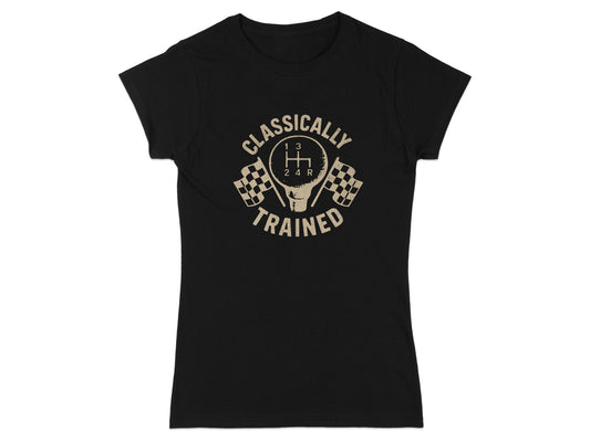 Black t-shirt with "CLASSICALLY TRAINED" and a gear shift with checkered flags.