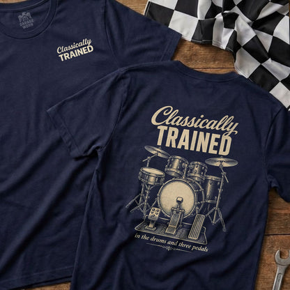 Navy t-shirt with "Classically Trained" and drum kit graphic.