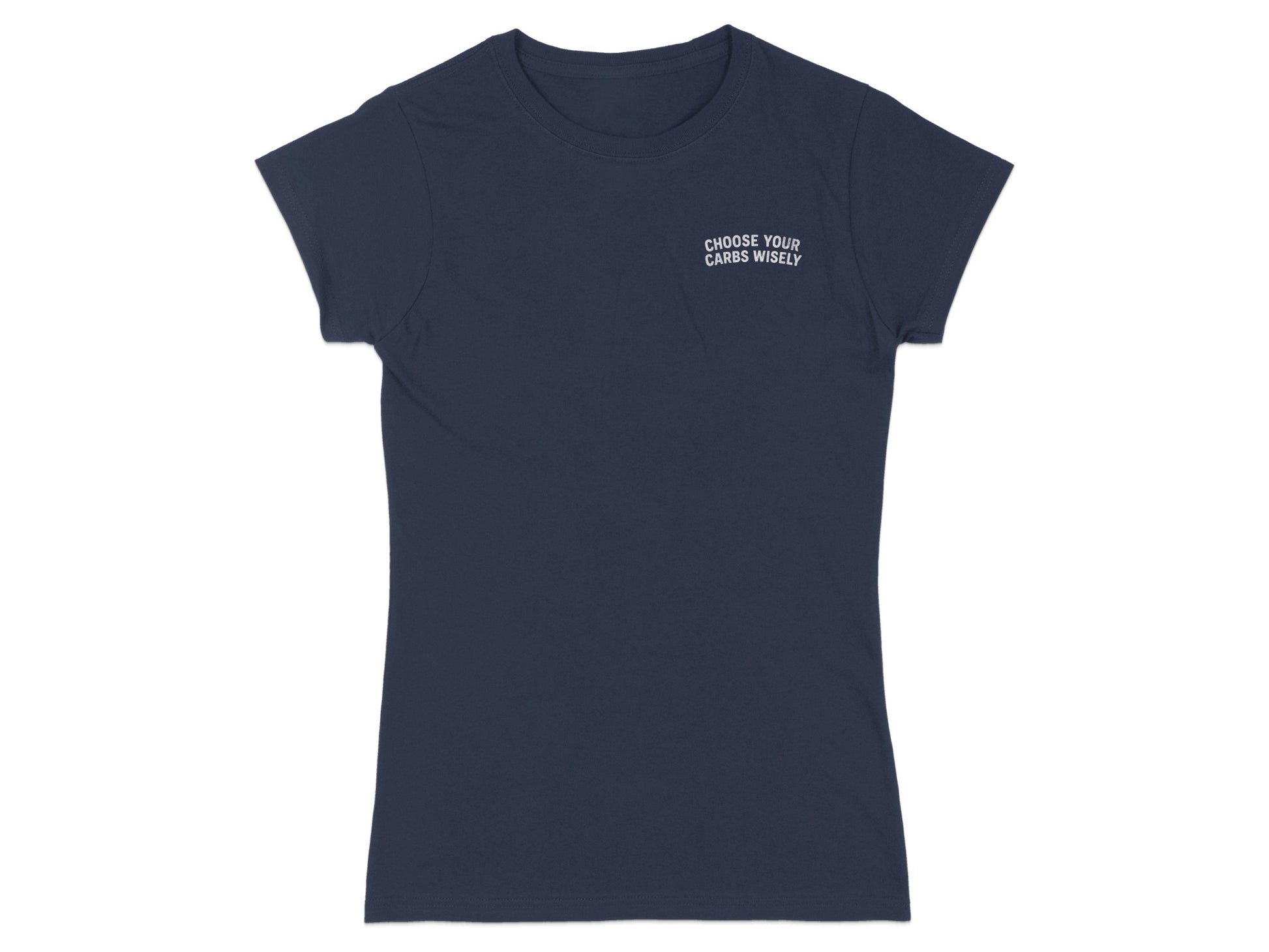 Navy t-shirt with "CHOOSE YOUR CARBS WISELY" text on the left chest.