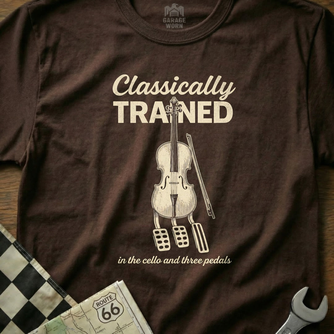 Brown t-shirt with "Classically Trained" text and cello illustration.