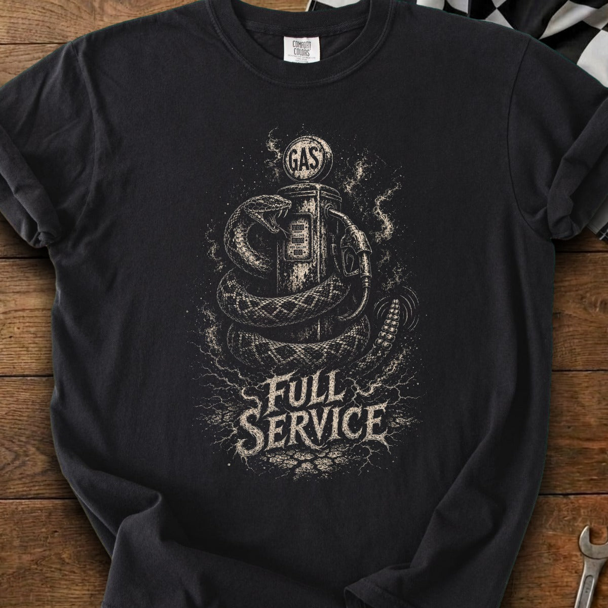 Black t-shirt with "GAS" vintage pump and snake graphic, "FULL SERVICE" text.