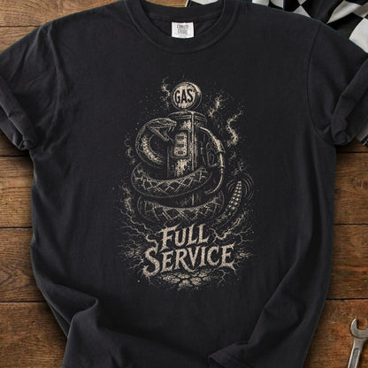 Black t-shirt with "GAS" vintage pump and snake graphic, "FULL SERVICE" text.