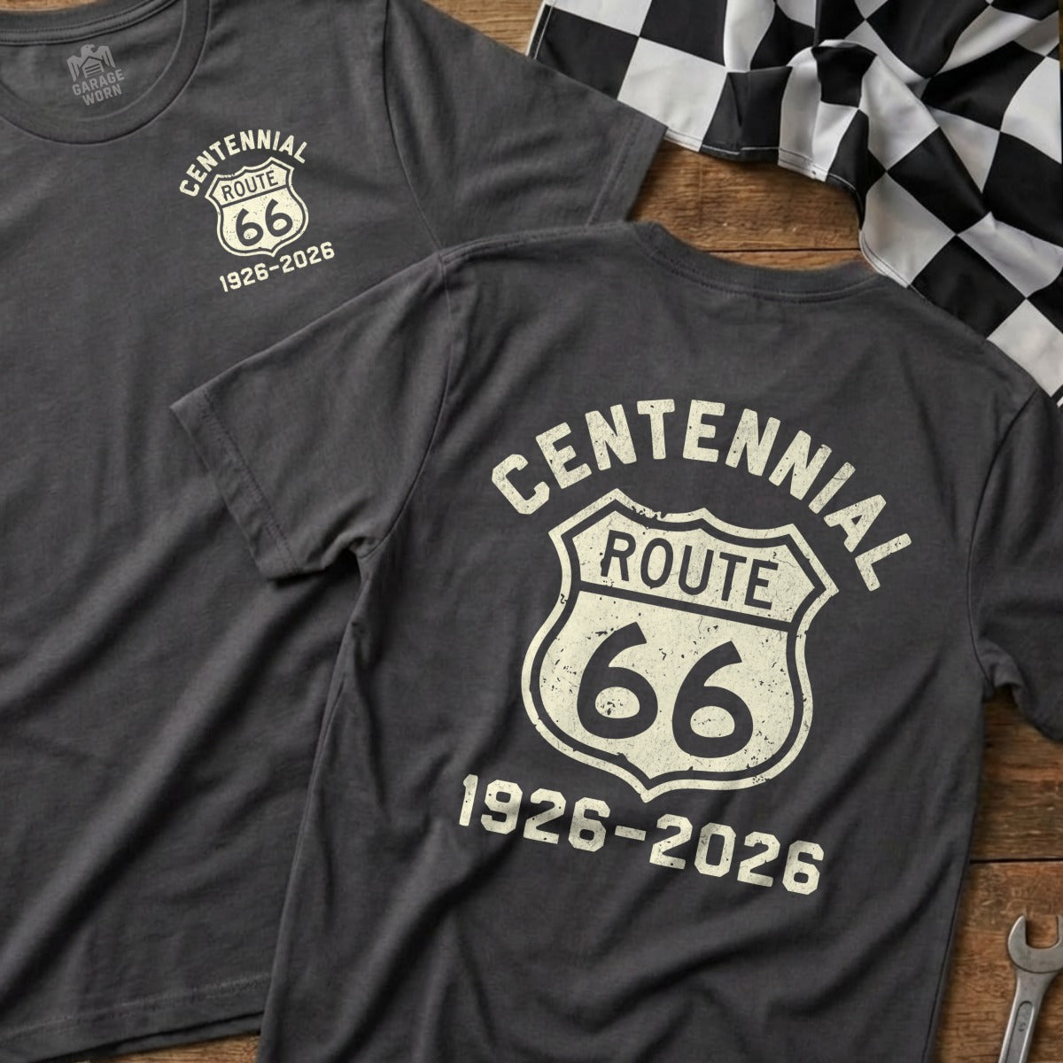 Dark gray t-shirt with "Centennial Route 66 1926-2026" on back.