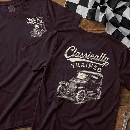 Dark t-shirts featuring "Classically Trained" text and vintage car graphic.