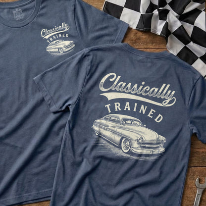 Blue t-shirt with "Classically Trained" text and vintage car graphic.