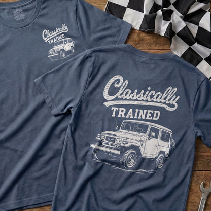 Two vintage blue shirts with "Classically TRAINED" and a vintage Jeep.