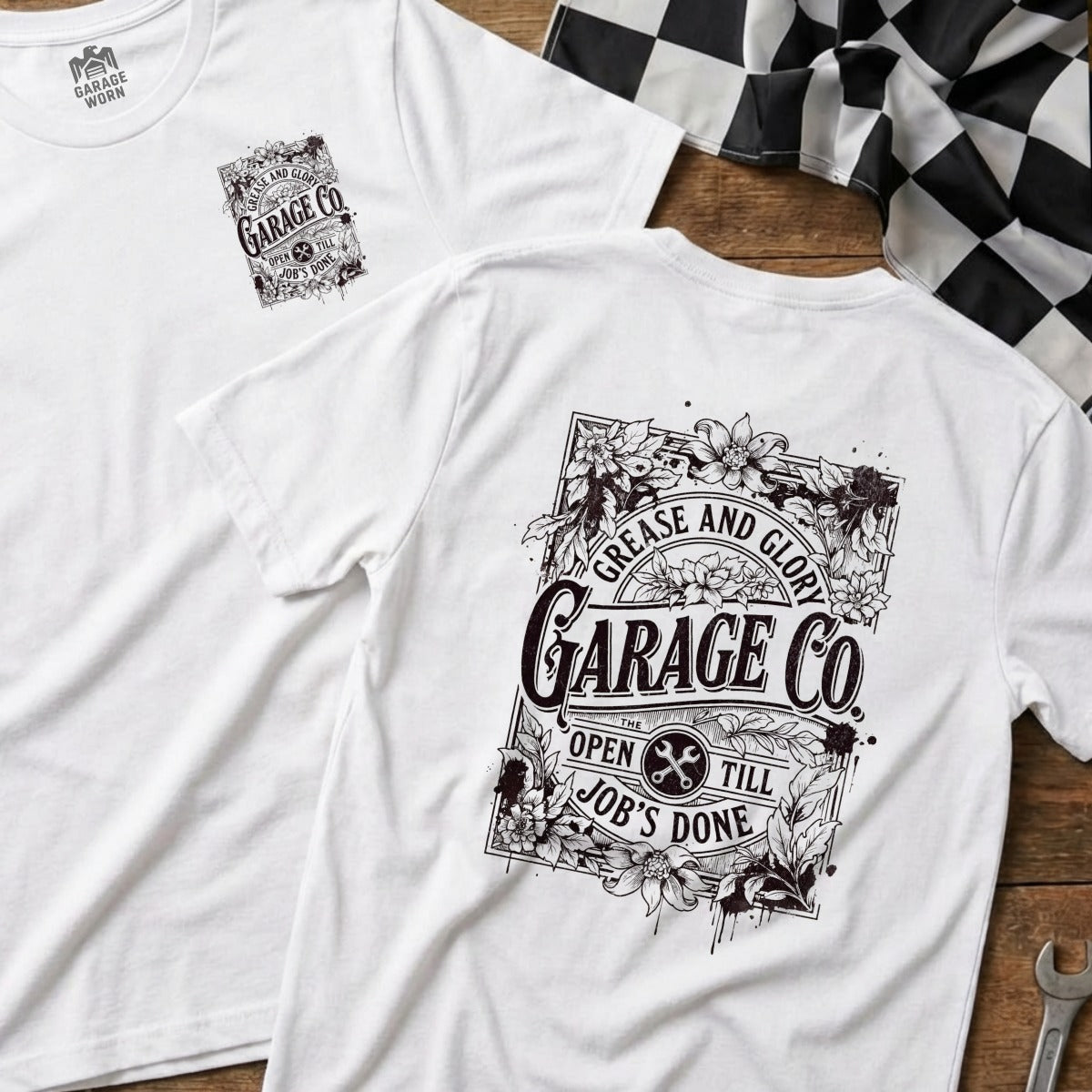 White t-shirt with "Garage Co" logo and floral graphic.