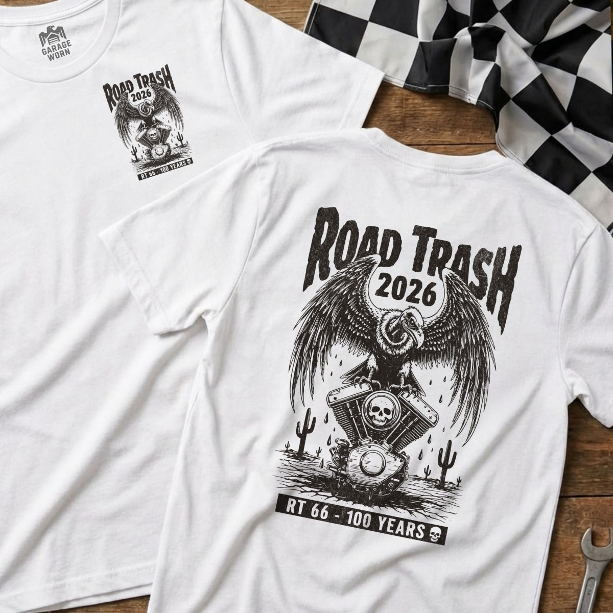 White t-shirts with "Road Trash 2026" graphic featuring a motorcycle and eagle.