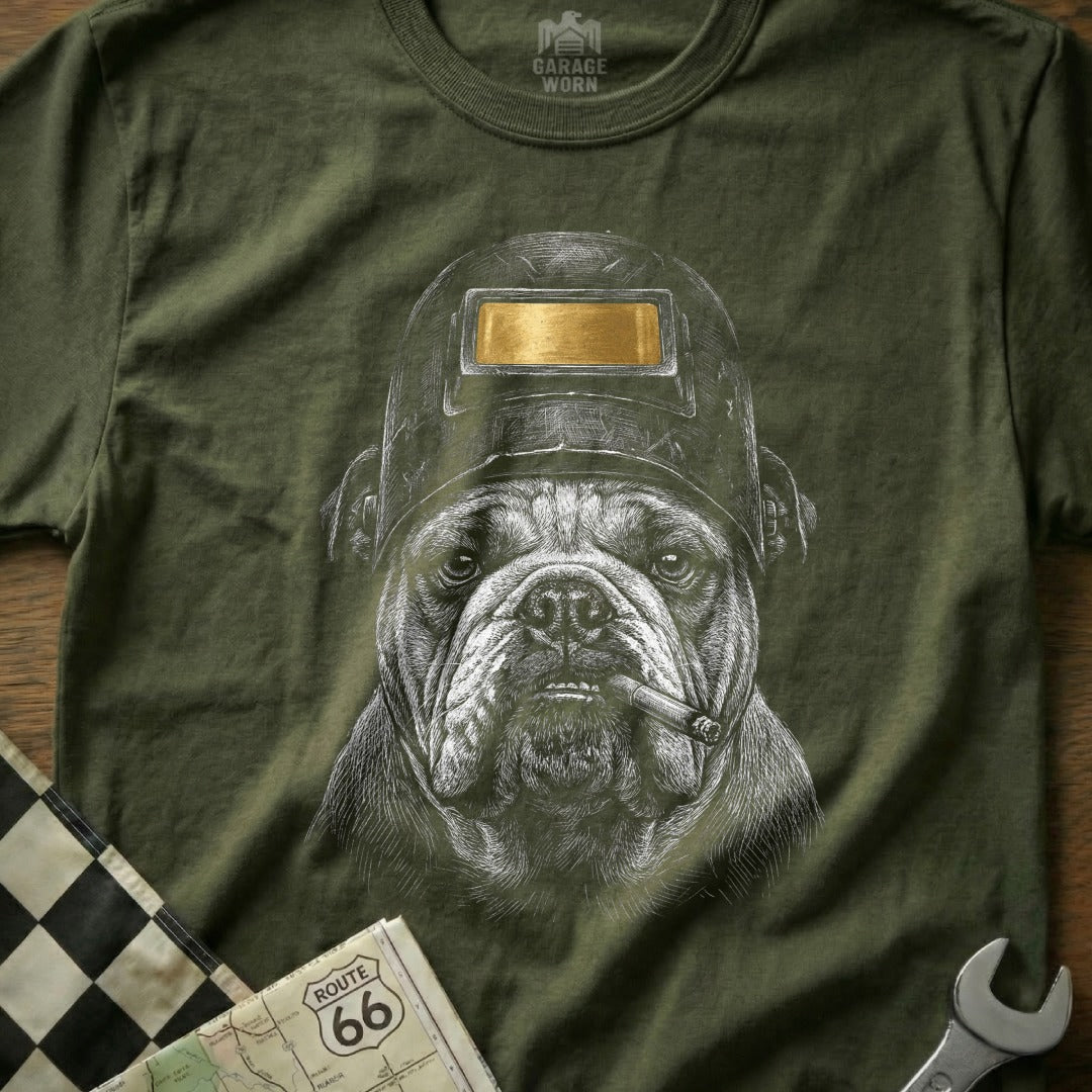 Green t-shirt with bulldog wearing a welding helmet and holding a cigar.
