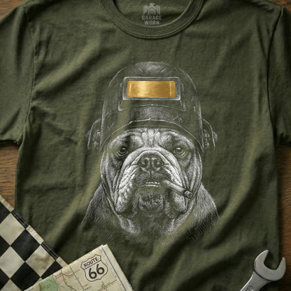 Green t-shirt with bulldog wearing a welding helmet and holding a cigar.