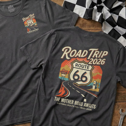 T-shirt with "Road Trip 2026 Route 66" graphic, desert scene.