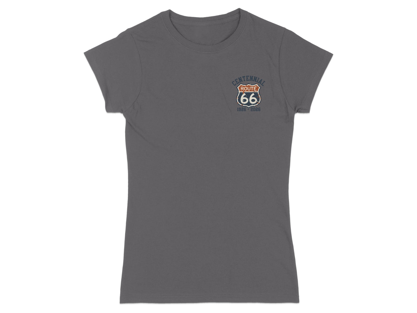 Dark grey t-shirt with Route 66 centennial logo and dates 1926-2026.