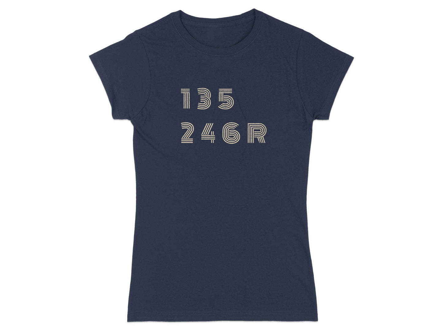 Navy t-shirt with white text reading "135 246R".
