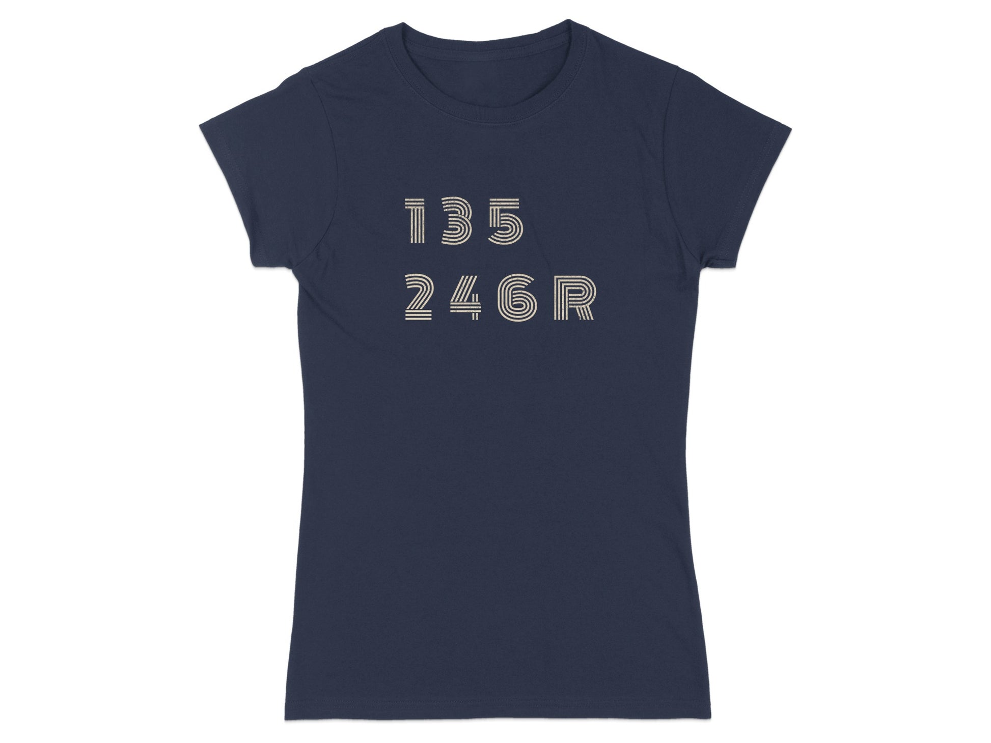 Navy t-shirt with white text reading "135 246R".