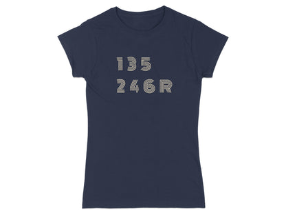 Navy t-shirt with white text reading "135 246R".