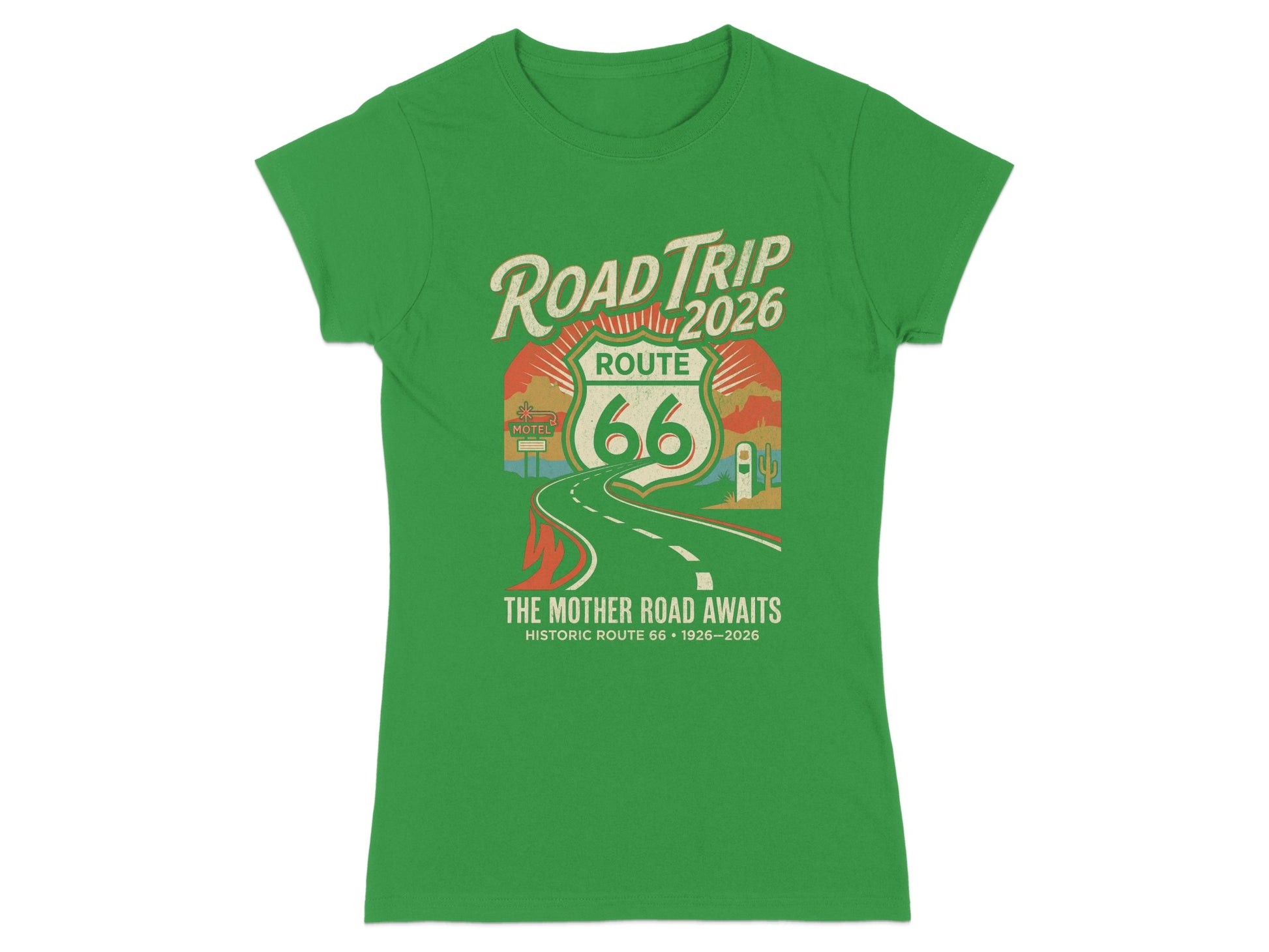 Green t-shirt with "Road Trip Route 66 2026" text and Route 66 graphic.