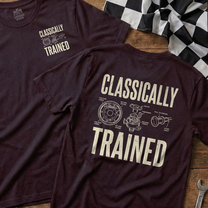 Two t-shirts featuring "Classically Trained" text and automotive part diagrams.