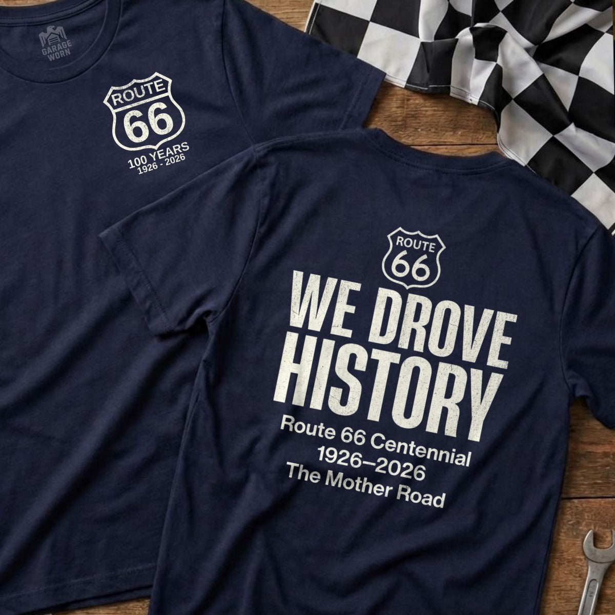 Navy t-shirts with Route 66 centennial "We Drove History" design.