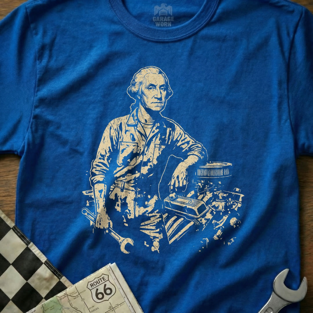 George Washington in mechanic's overalls leaning on an engine with tools.