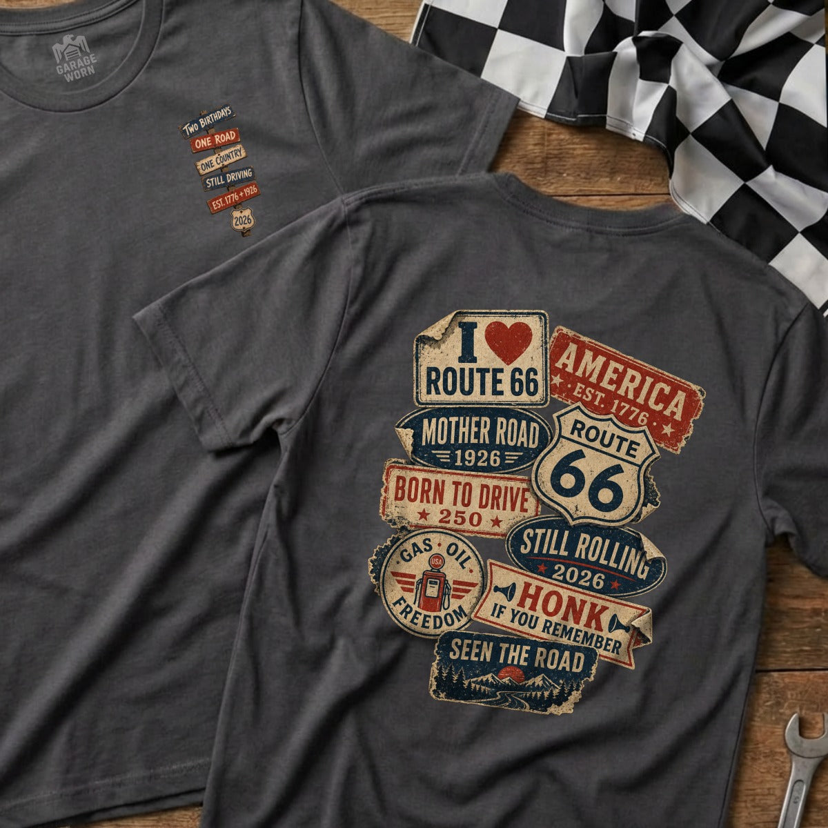 T-shirt with Route 66 inspired graphics and slogans.
